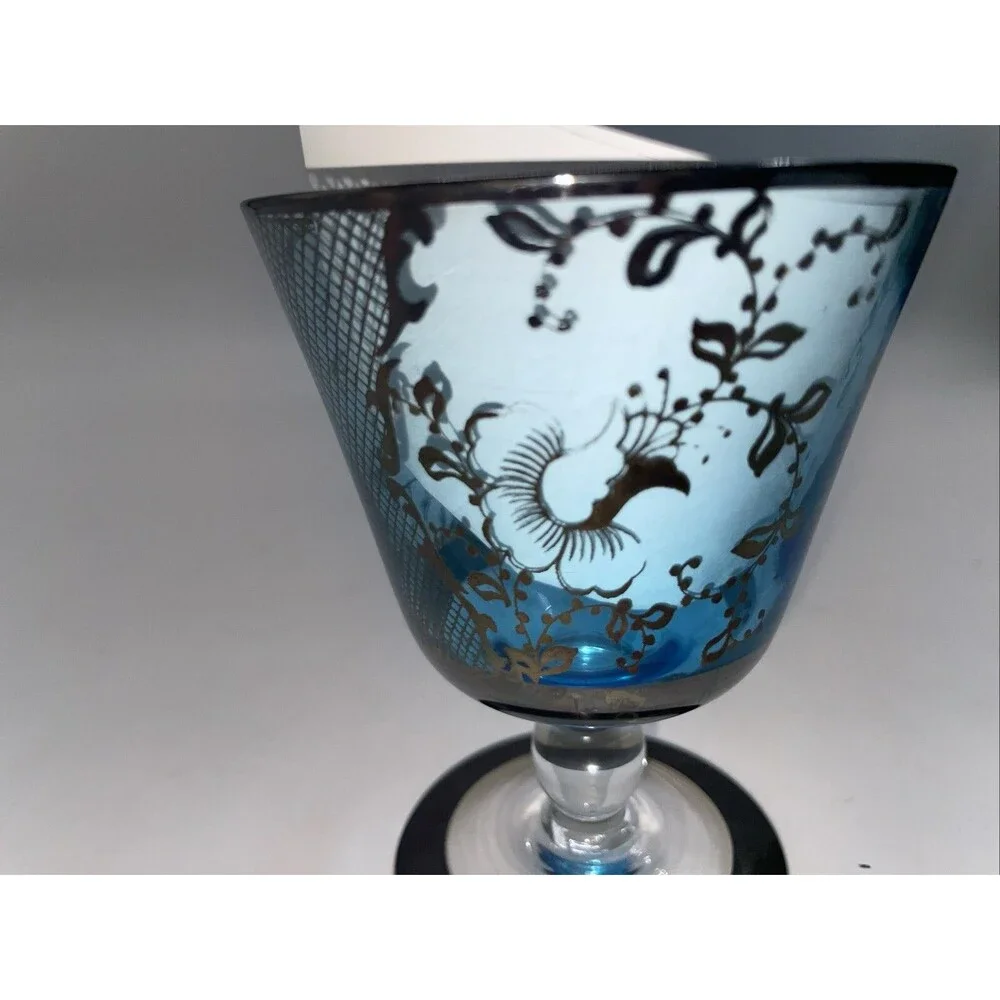 Cobalt Blue 6 wine cocktail stems inlaid sterling man in Asian scene flowers 4”